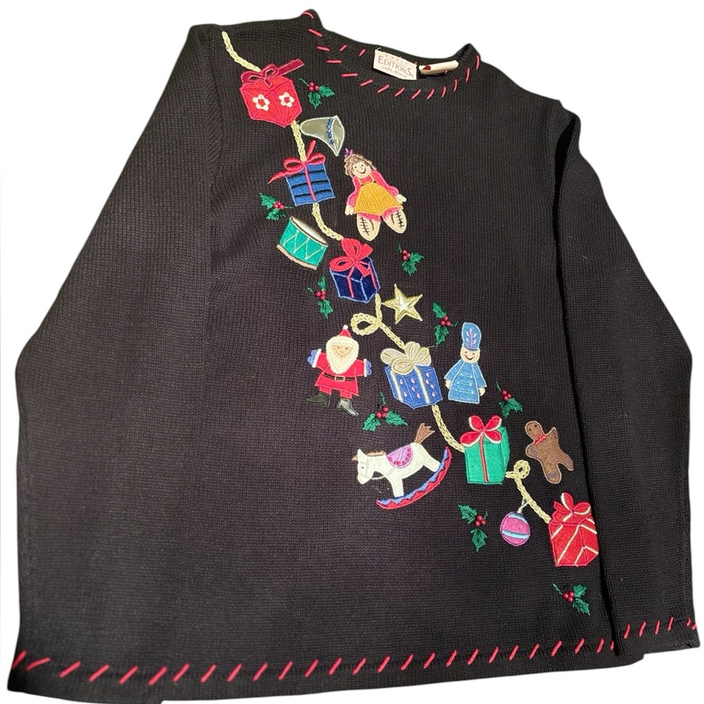 Vintage Black Christmas Sweater with Colorful Embroidery
